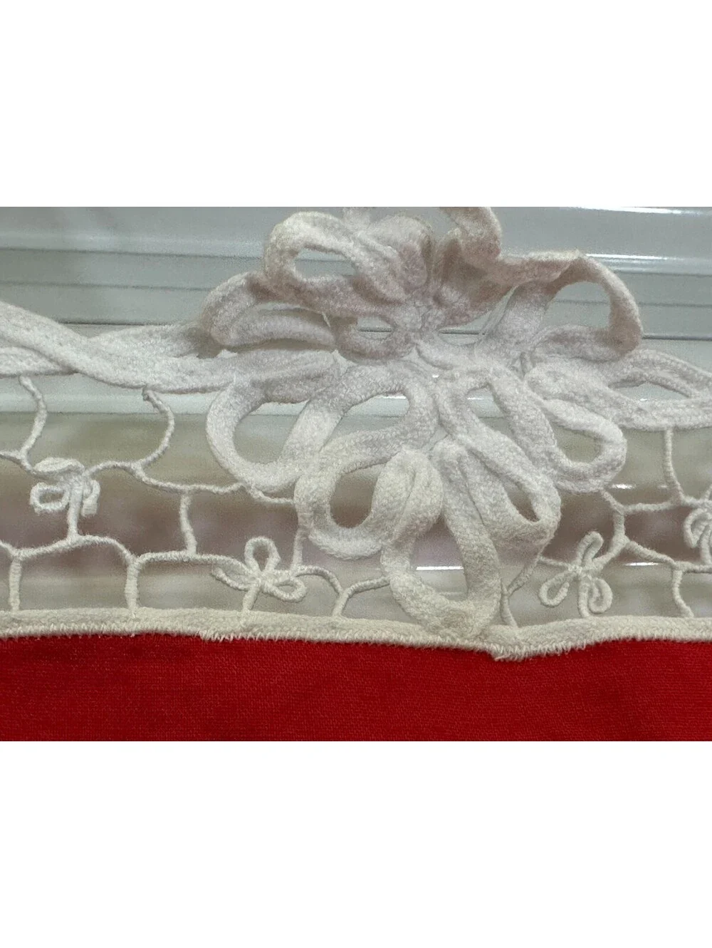 Vintage Cutwork Tablecloth Card Table Topper Floral Red White Embroidery Machine